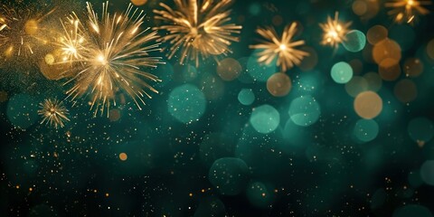 Obraz na płótnie Canvas Silvester Sylvester 2024 New year New Year's Eve Party background banner panorama illustration - Abstract gold firework fireworks on dark green texture with bokeh, Generative AI