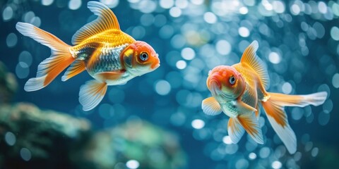 Animals gold fishes pets aquarium freshwater fish background - Two sweet cute goldfishes (cyprinidae) swimming in blue water, Generative AI - obrazy, fototapety, plakaty
