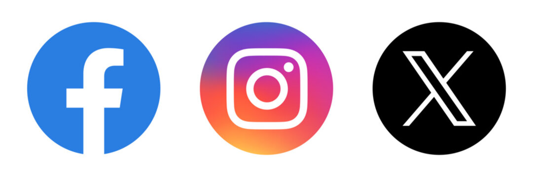 Social media app icon set. Facebook, Instagram and X, former Twitter. Circle shape vector illustration.