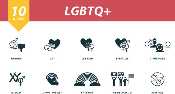 LGBTQ plus icons set. Creative icons: biphobia, gay, lesbian, bisexual, cisgender, intersex, living openly, rainbow, pride parade, asexual.