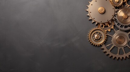 From above technical texture of steampunk gears on dark grey background. Cogs and gear wheel mechanisms. Hi-tech digital technology and engineering. Abstract technical background.