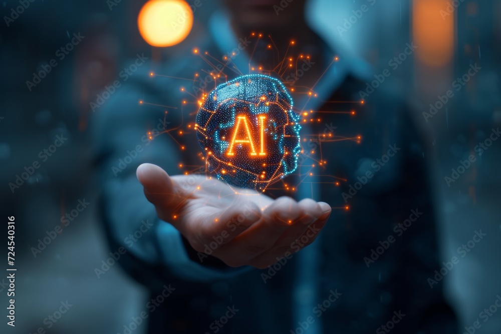 Poster close up man open hand holding ai brain.artificial intelligence or ai analysis information.technolog