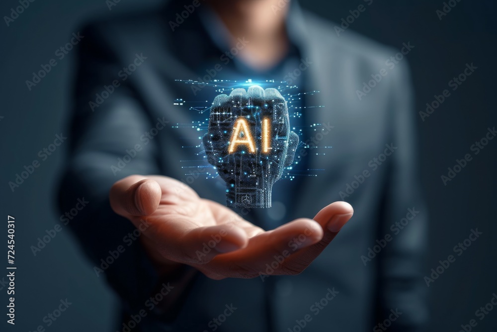 Poster close up man open hand holding ai brain.artificial intelligence or ai analysis information.technolog