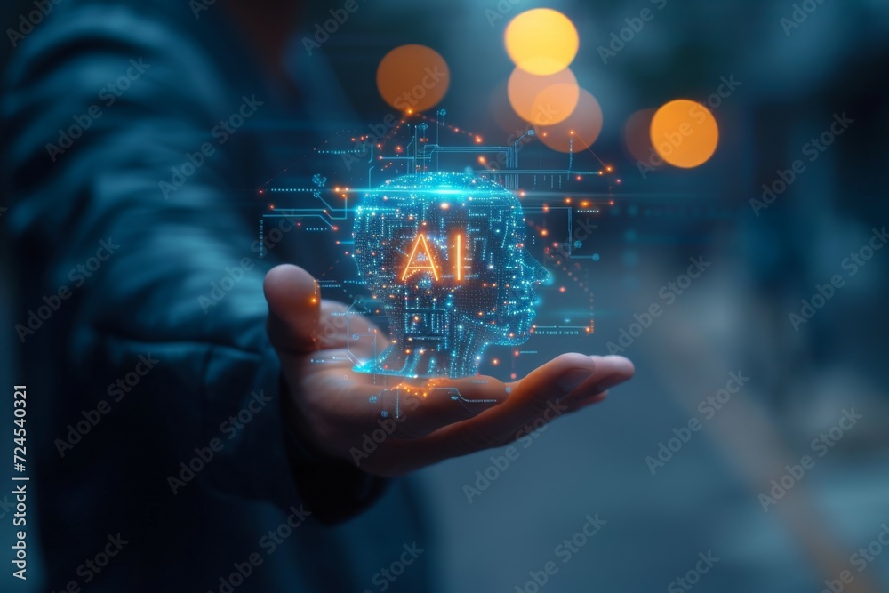 Poster close up man open hand holding ai brain.artificial intelligence or ai analysis information.technolog