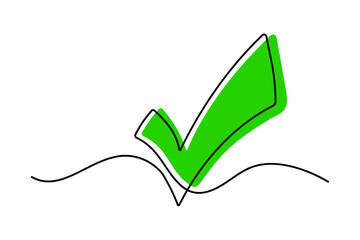 Continuous line drawing of check mark. One line drawing background. Single line vector illustration. Check mark green icon.