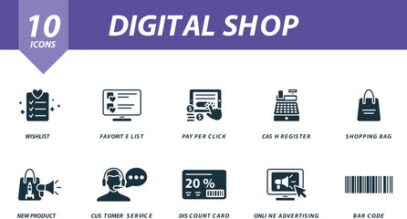 Digital shop icons set. Creative icons: wishlist, favorite list, pay per click, cash register, shopping bag, new product, customer service, discount card, online advertising, bar code. - obrazy, fototapety, plakaty