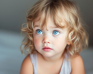 A cute portrait of a 2-3 year old baby with light cascading curls and big blue eyes, conveying the essence of childhood innocence
