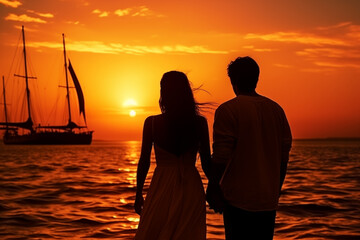 Silhouette of a young couple in love at sunset beach