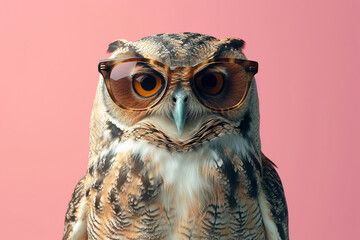 Owl with sunglasses posing against pink background - obrazy, fototapety, plakaty