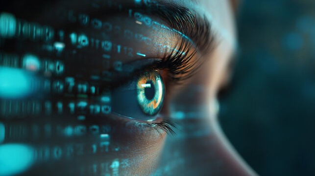 Digitales 3d Auge leuchtet mit Zahlencodes und Quelltext kryptisch symbolisch f&uuml;r Datenschutz und Privatsph&auml;re der Identit&auml;t sch&uuml;tzen Generative AI