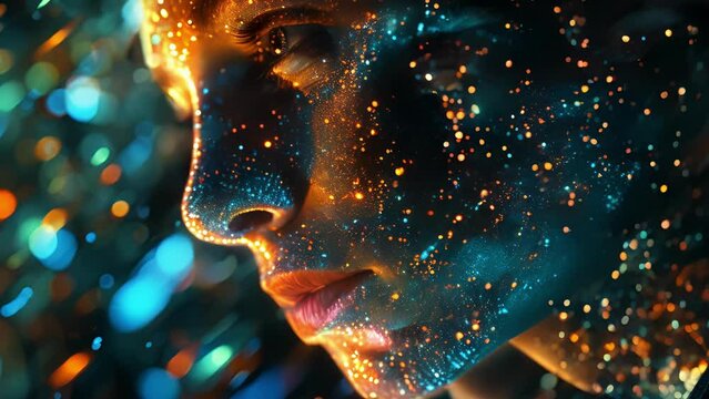 A selfportrait in holographic form where the artists face appears in a multitude of small individual holograms each representing a different emotion or state of mind.