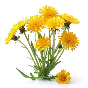 Bright Yellow Dandelion Flowers On Wooden On White Background, Illustrations Images