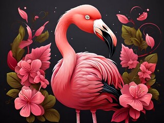 Flamingo in Tropischer Tropical rain forest with flamingo with leaves palms Umgebung and flowers. Generative AI