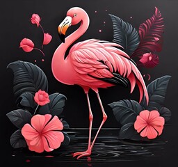 Flamingo in Tropischer Tropical rain forest with flamingo with leaves palms Umgebung and flowers. Generative AI