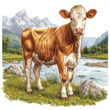 Brown Swiss Cow Near Mountain River On White Background, Illustrations Images