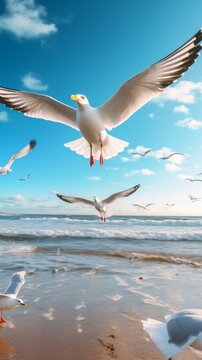 Generative AI image of Beach Seagulls Flying in the Sky