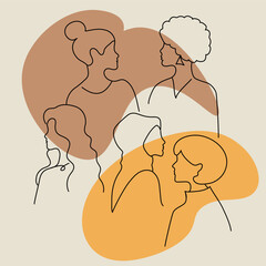 Women's silhouettes of different races and nationalities. Line art. Women's day concept.