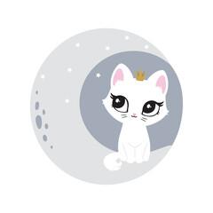 Cute cat with night moon. Pink, black, white cutie cat portrait in pastel colors. Sticker, wall art, background, kids room decor. Cat cute face, portrait, kitten, pretty animal, little pussycat, pet