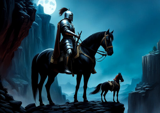 Black knight on horse standing on dark rock in night mountains, abstract mistical backgrounds, digital art style picture, painting. Fairy tale concept. Copy ad text space. Generative Ai illustration