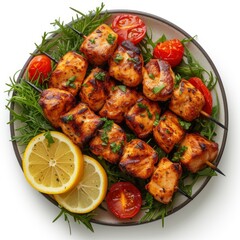 Chicken Shish Kebab On Plate On White Background, Illustrations Images