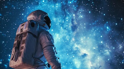 Fototapeta na wymiar Astronaut in Space Suit Looking at Starry Sky - Detailed Helmet, Cosmic Background