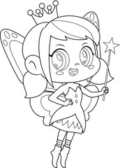 Outlined Cute Tooth Fairy Girl Cartoon Character Flying With Magic Wand. Vector Hand Drawn Illustration Isolated On Transparent Background