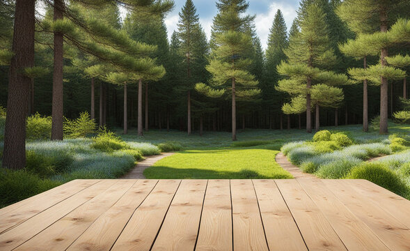 Cartoon image of empty wooden table at greenery garden background, abstract pictures. Panoramic woodland pic style. Gardening concept. Copy ad text space. Generative cartoon Ai illustration
