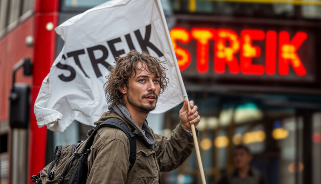 Entschlossener Demonstrant mit Streik-Banner vor Bus im städtischen Umfeld