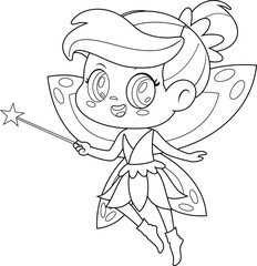 Outlined Cute Tooth Fairy Girl Cartoon Character Flying With Magic Wand. Vector Hand Drawn Illustration Isolated On Transparent Background