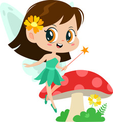 Cute Tooth Fairy Girl Cartoon Character Flying With Magic Wand. Vector Illustration Flat Design Isolated On Transparent Background