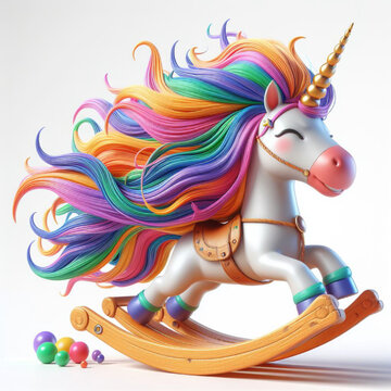 3D illustration of a happy unicorn on a rocking horse.