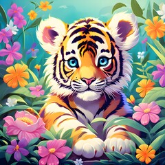 "Grace Amongst Stripes: Tigers and Flowers in Harmony"