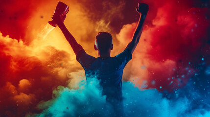 Silhouette of a man with raised hands in a blue smoke