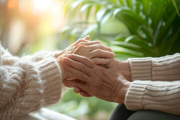 A tender moment captured where a woman's hands lovingly clasp those of a child, symbolizing the deep bonds of family, care, and support, with the soft touch of age meeting the innocence of youth, toge