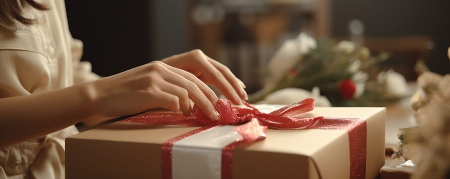 Close up photo of female hands packaging products to parcels for transport company