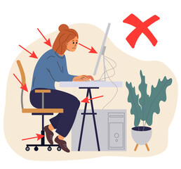 Bad incorrect posture for sitting at computer desk. Wrong position. Wrong back, neck and legs poses of woman at workplace. Vector 