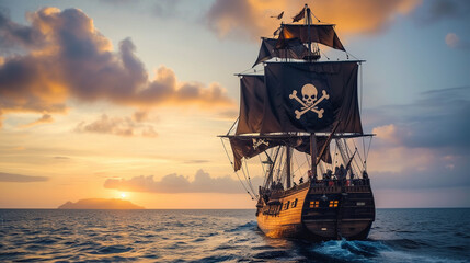 A pirate ship sailing the Caribbean Sea during the golden age, with the Jolly Roger flag billowing,...