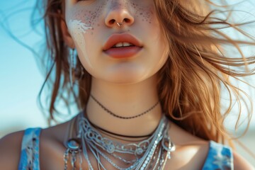 Obraz premium modern young woman with many layered silver necklaces