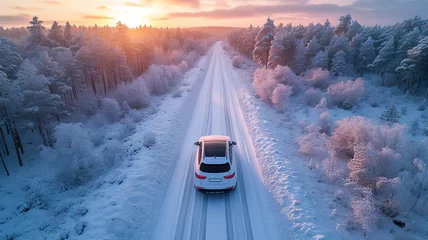 Fototapeten Car drives through snow forest landscape at sunset © senadesign