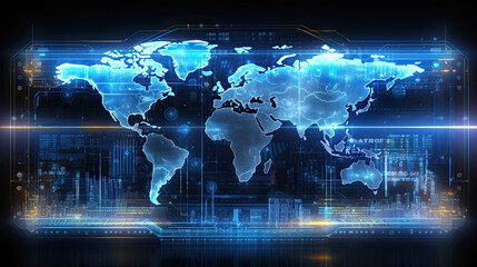 Screen monitor HUD hologram Global Business Network on a Digital World Map with Binary Code in Blue Technology Illustration