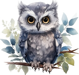 Cute owl sitting on a branch isolated on transparent background