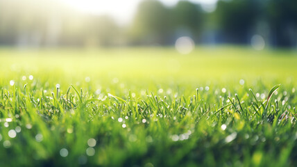 Green lawn with fresh grass outdoors.Nature spring garden