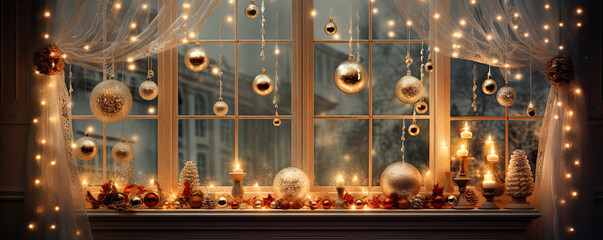 Fototapeta na wymiar Christmas decoration window, balls trees, lights. Christmass wide banner,