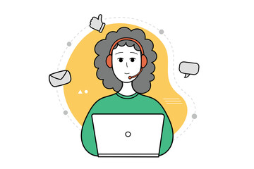 Woman with headphones and with computer. Online support, customer service, call center, freelancer or student. Vector illustration.