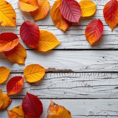 Autumn Leaves On White Wooden Table On White Background, Illustrations Images