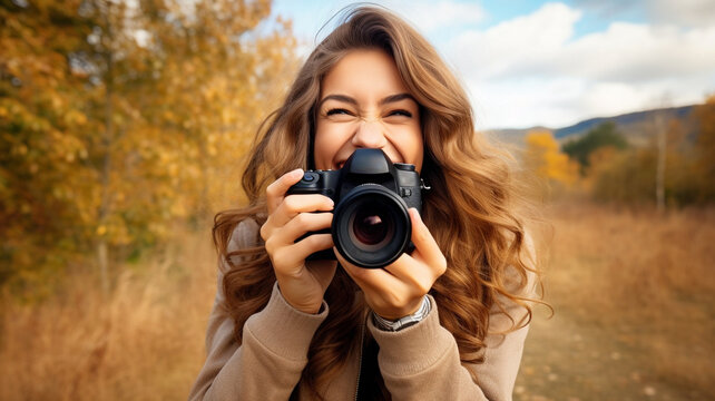 happy woman holding photo camera with blurred nature background