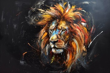 artistic lion on black background - obrazy, fototapety, plakaty