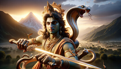 Hindu God Krishna with scared sword. AI Generated - obrazy, fototapety, plakaty
