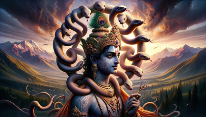 Hindu God Krishna with scared sword. AI Generated - obrazy, fototapety, plakaty