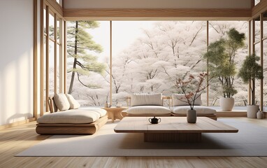 3d interior of a Japanese style interior living room a minimalistic design with natural elements